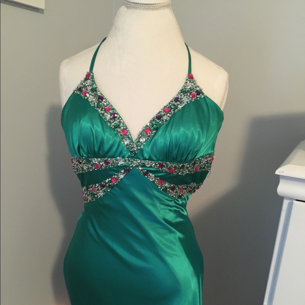 Green satin halter semi dress