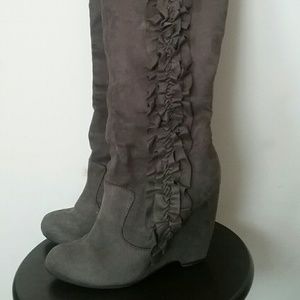 ELLE Ruffle Wedge Boot; Gray Faux Suede