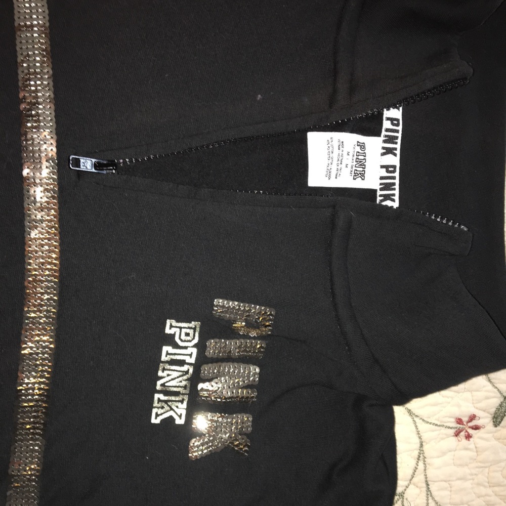 VS Pink black/gold sequin quarter zip sweatshirt