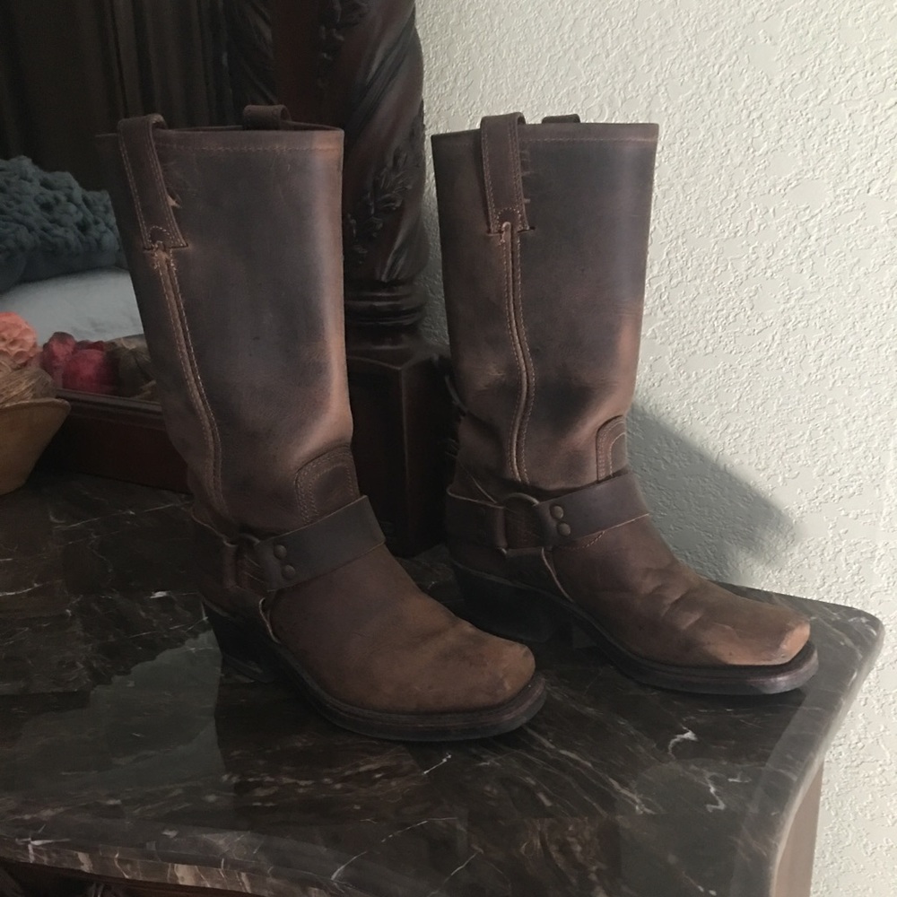 Frye Harness Dark Brown Leather Boots, Size 5.5