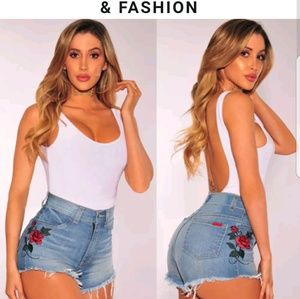 High waisted rose embroidered denim shorts