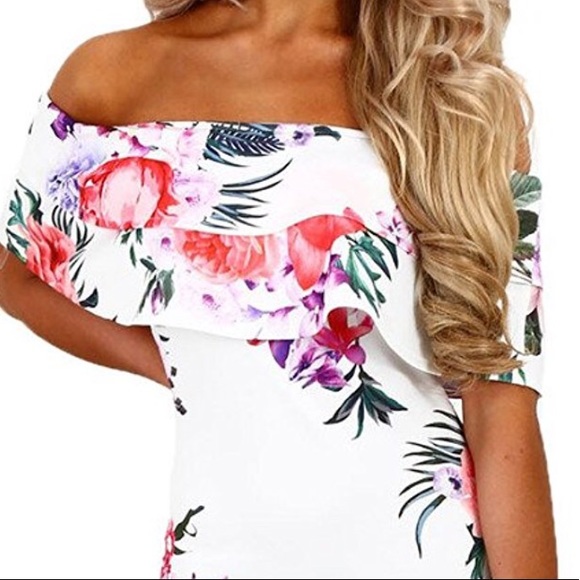 Off Shoulder Floral Print Bodycon Midi NWOT - Picture 2 of 5