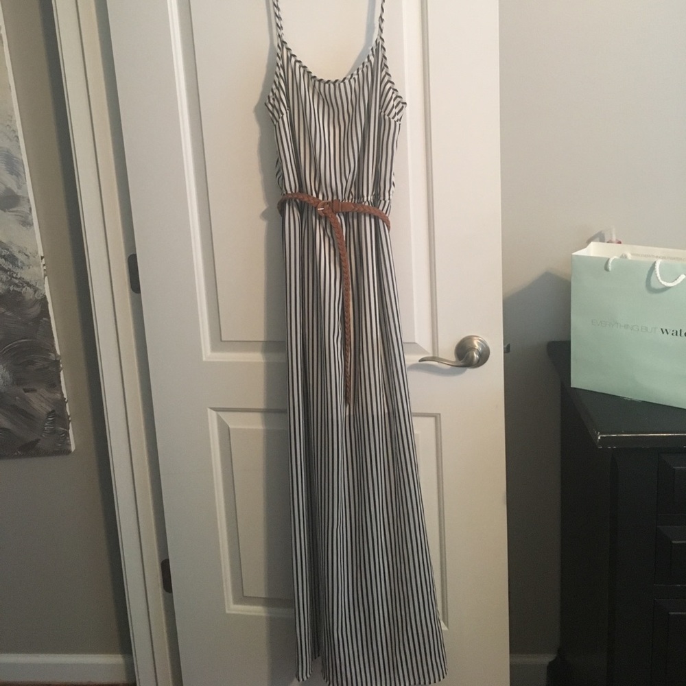 Navy and white spaghetti strap dress.