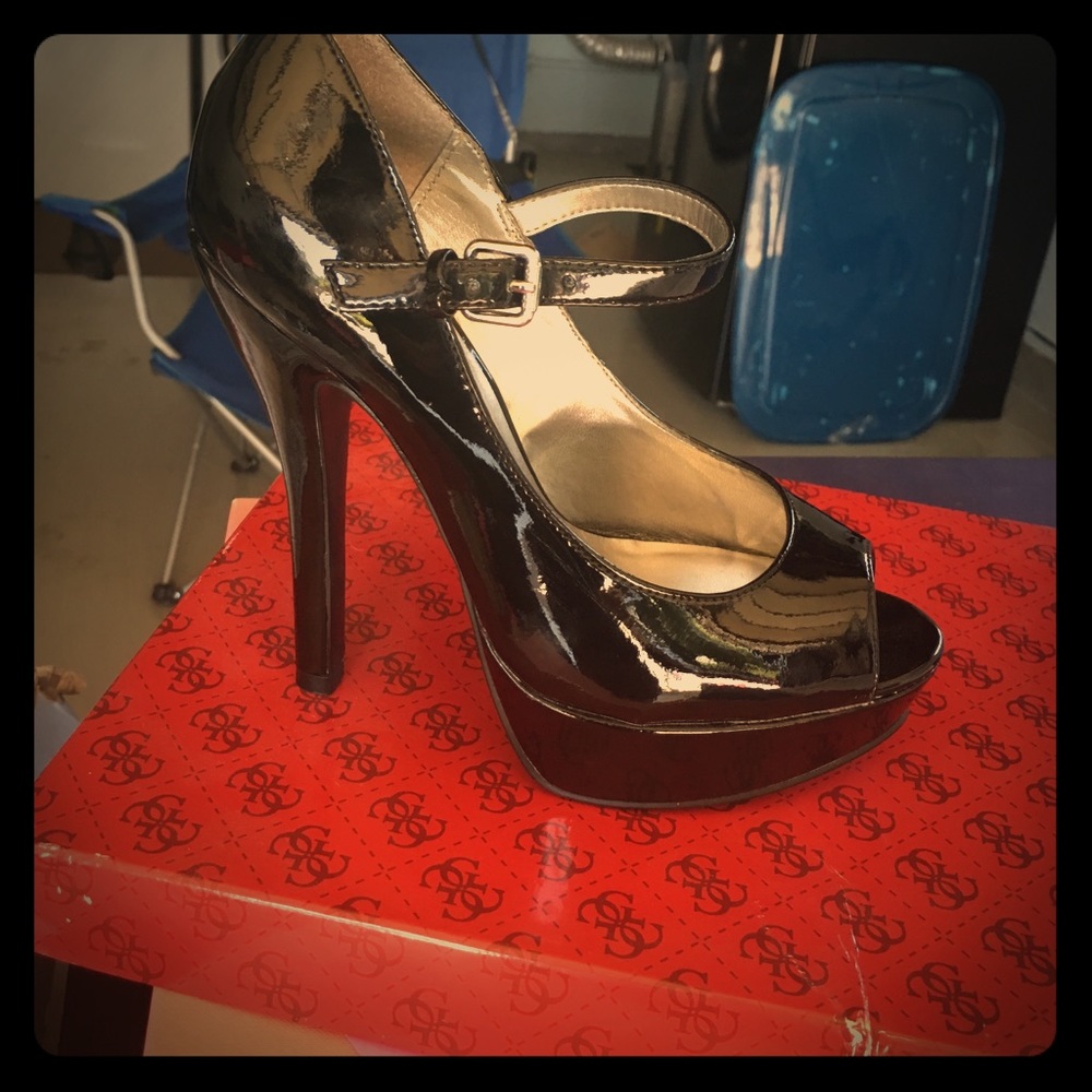Guess black pat Mary Jane open toe heels