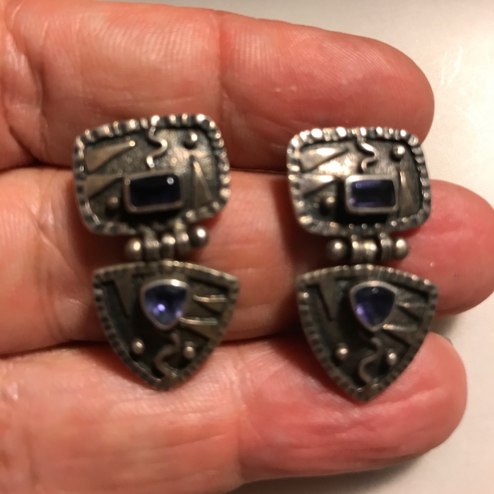 Vintage Artisan Sterling Hinged Earrings w Iolite