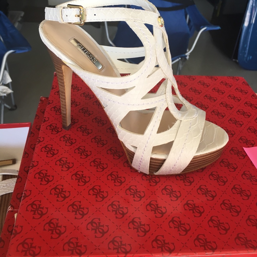 White strap sandals heels guess