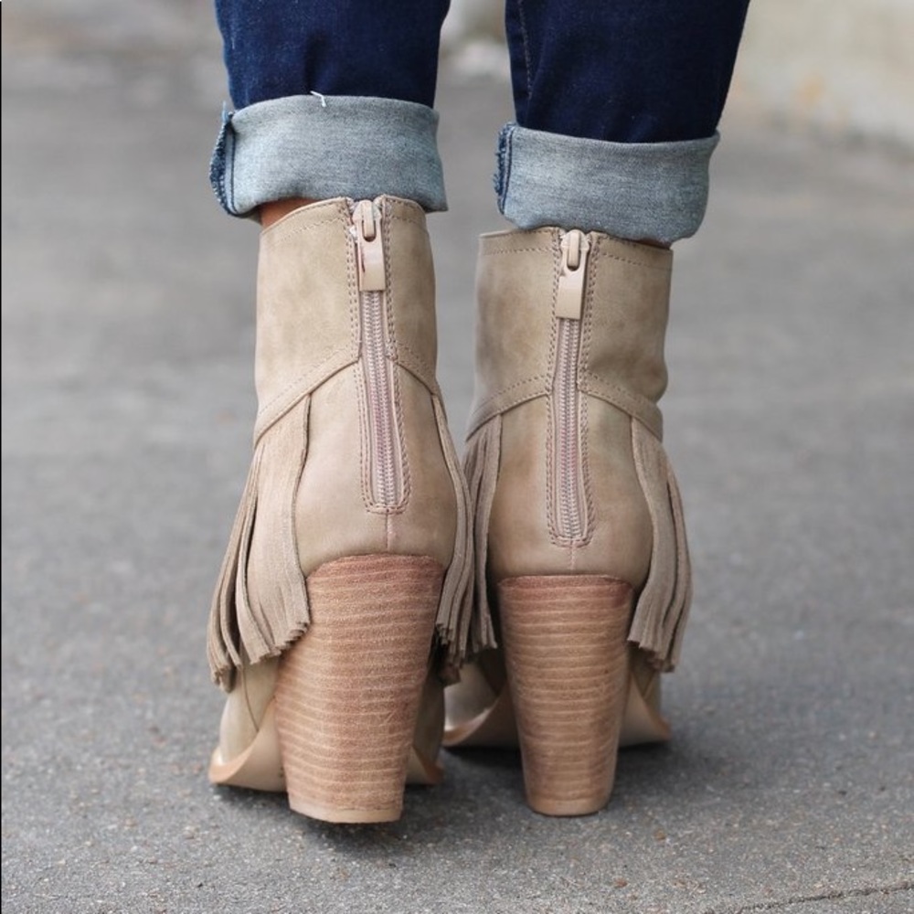 Cream Boho Chic Fringe Demi Wedge Ankle Booties - Picture 6 of 6