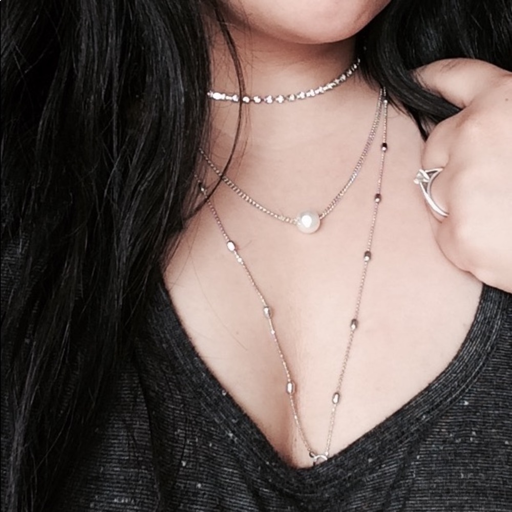 Multi layered silver crystal chain long necklace
