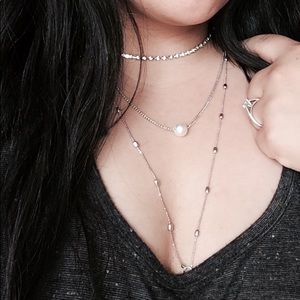 Multi layered silver crystal chain long necklace