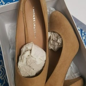 Tan faux suede chunky heels