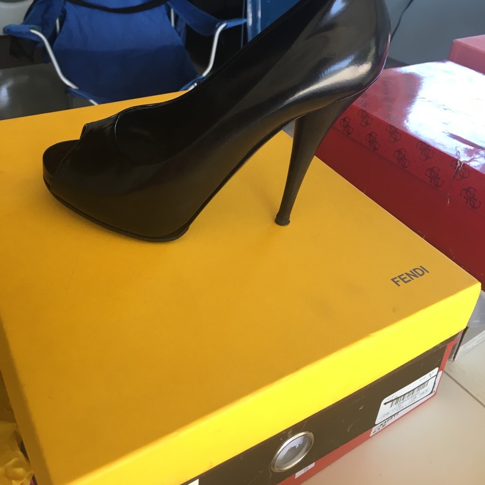 Fendi black leather open toe heels