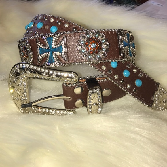 Real Leather Womens Rhinestone Belt - Picture 1 of 4