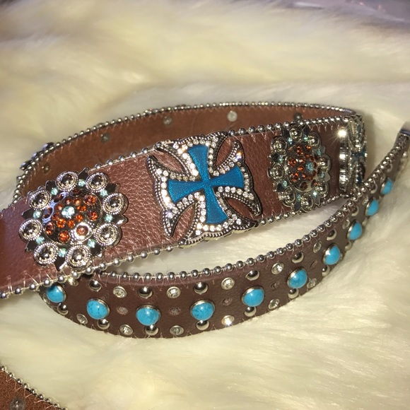 Real Leather Womens Rhinestone Belt - Picture 2 of 4
