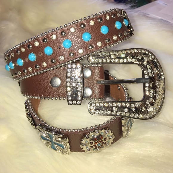 Real Leather Womens Rhinestone Belt - Picture 3 of 4