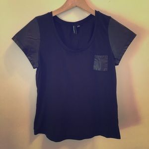 Cynthia Rowley Faux Leather Sleeve and Pocket Tee