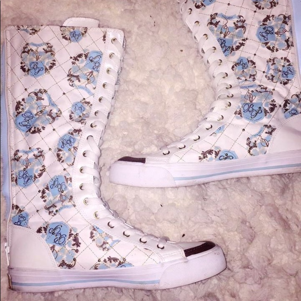 White, baby blue, brown and gold boots