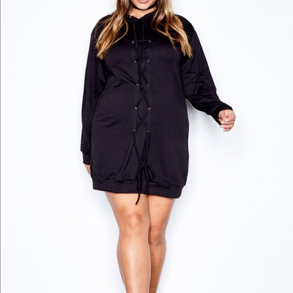 Black lace up sweatshirt dress - 1x