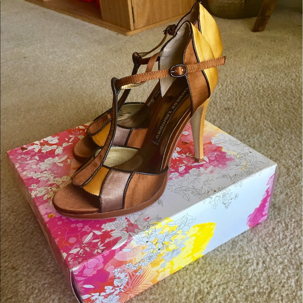 Chinese Laundry Allis Sandal Brown-Gold Heel-Satin