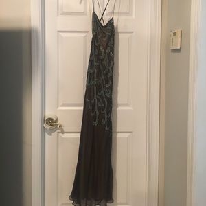 Beaded brown turquoise and nude formal gown