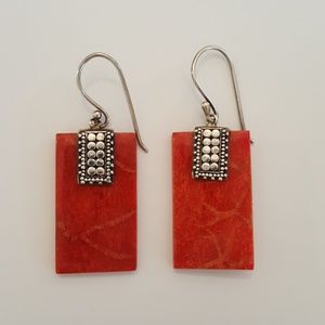 Coral & Sterling Silver Rectangle Dangle Earrings