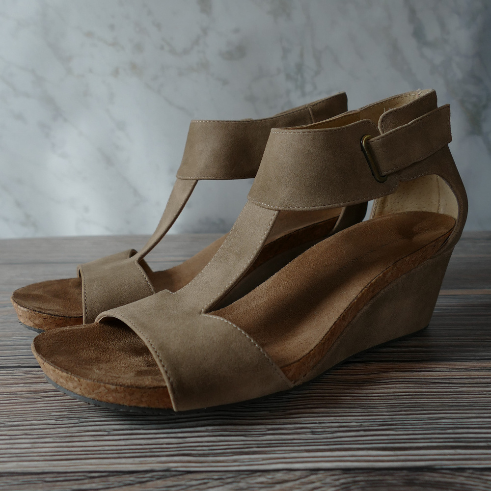 Adrienne Vittadini Tan Trellis Ankle Wedge Sandals