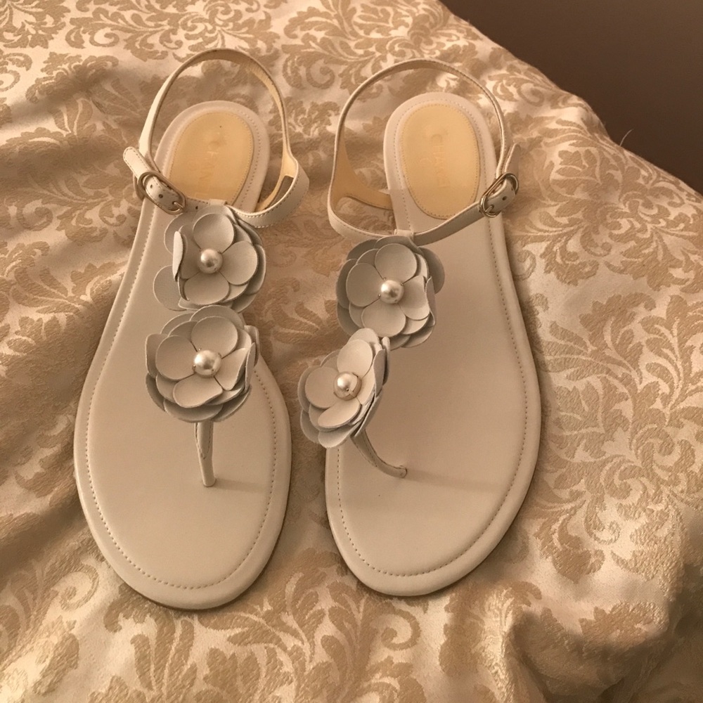 White Chanel flower sandal