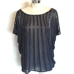 NWT $260 Joie Navy Blue Beaded Silk Dress Blouse Top