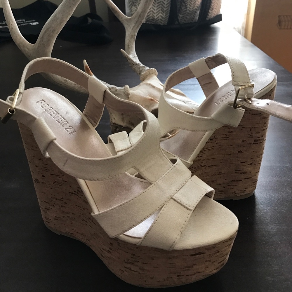 Cream Faux Leather F21 Wedge Sandals