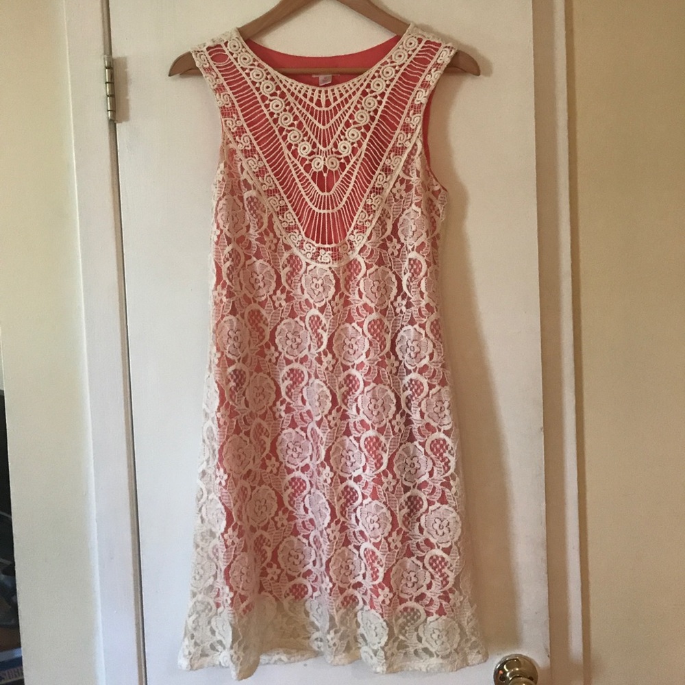 Unique retro coral and white lace dress