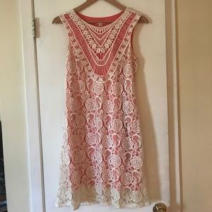Unique retro coral and white lace dress