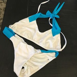 White bikini with blue mesh connections