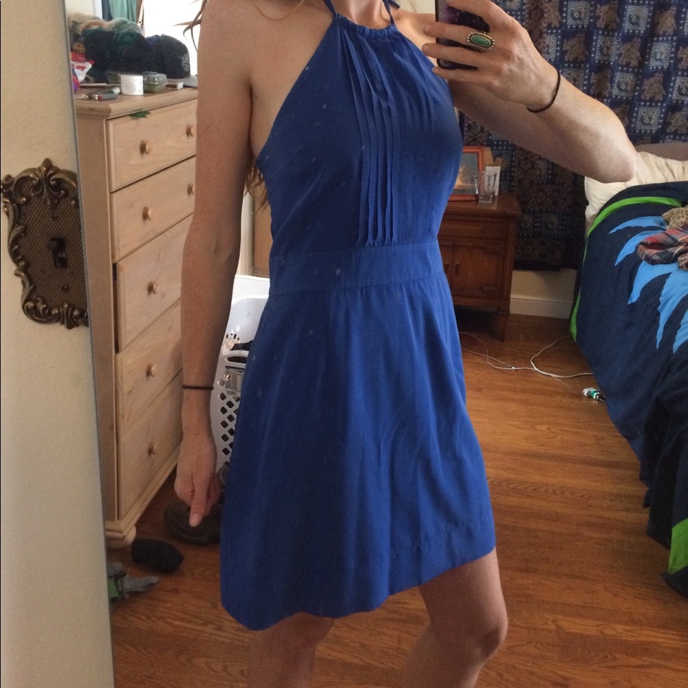 Cobalt blue Banana Republic wedding guest dress