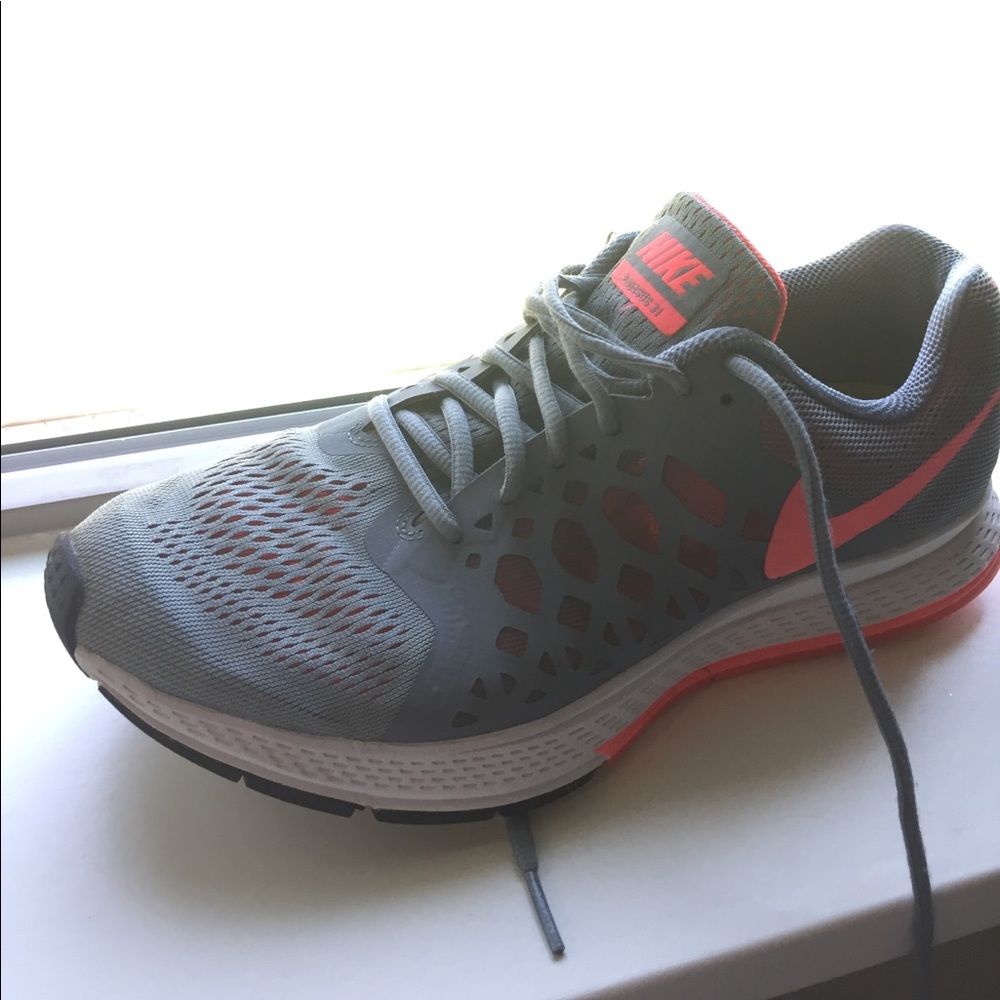 Coral and grey nike shoes