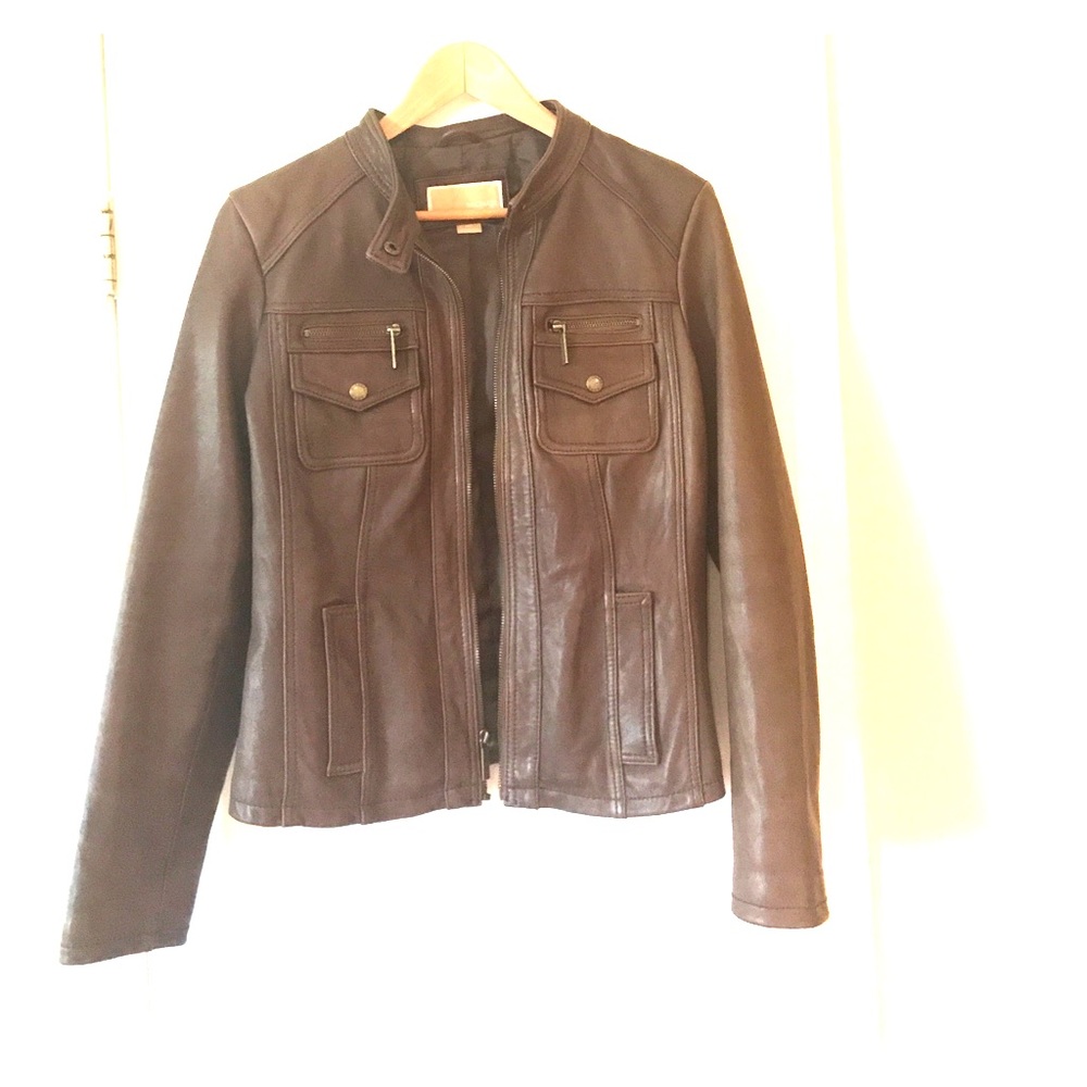 Michael Kor's soft brown bomber leather jacket