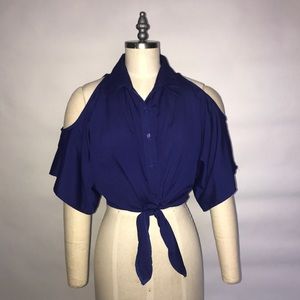ZARA Royal Blue Button Down Cut out Shoulder Top