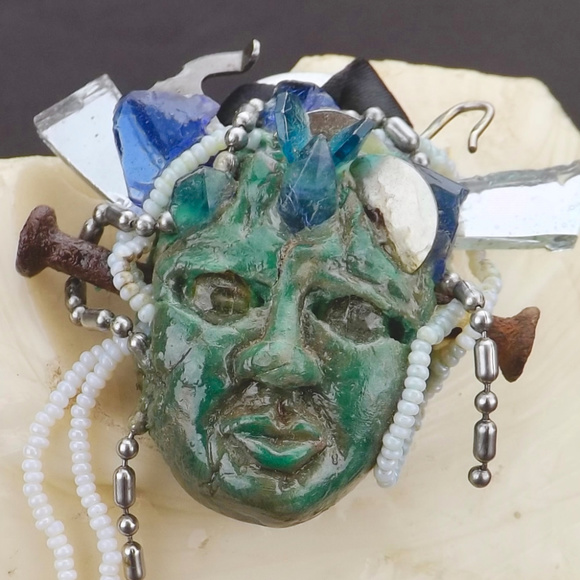assemblage art pendant necklace mixed media face - Picture 1 of 5