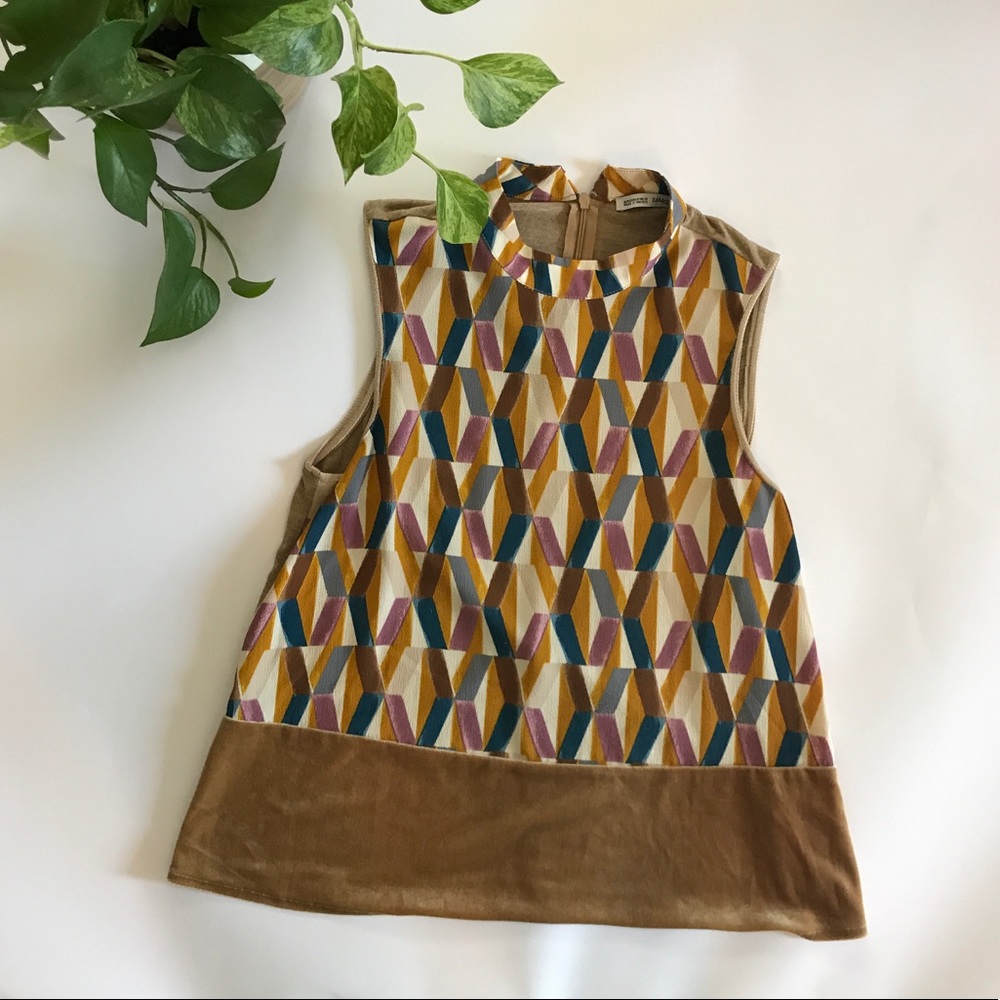 Zara Patterned Partial Velvet Mockneck Tank | S