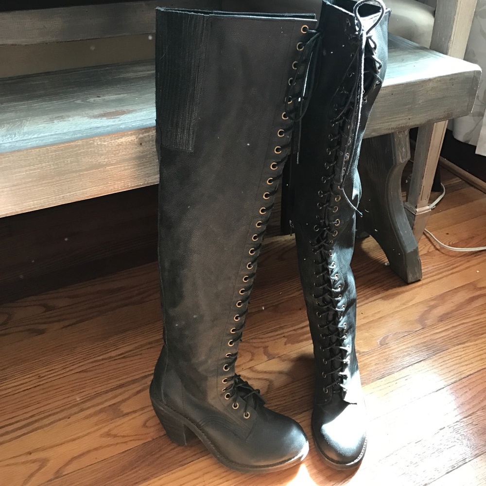 Black Leather Lace Up Thigh High Free People Boots