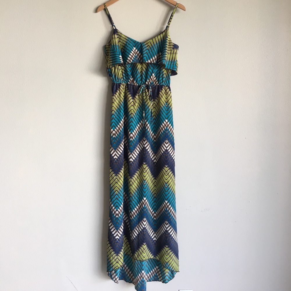 [62] Blue / Green Patterned High-Low Dress