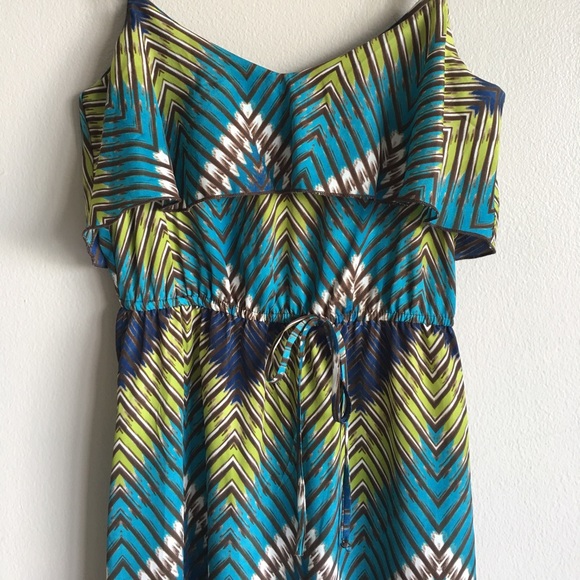 [62] Blue / Green Patterned High-Low Dress - Picture 2 of 4