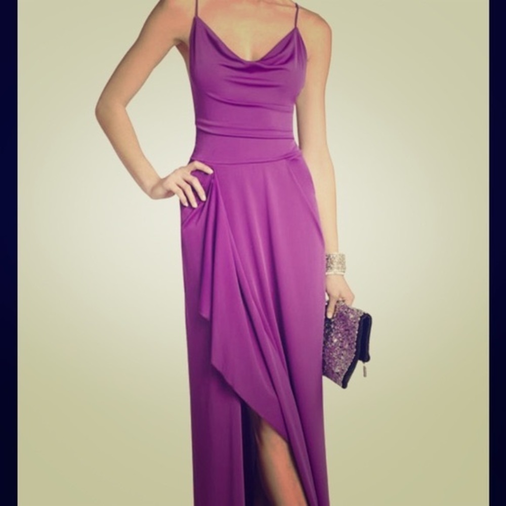 Purple floor length BCBG dress.