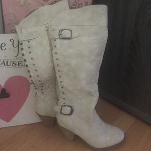Cream studded zip up boots