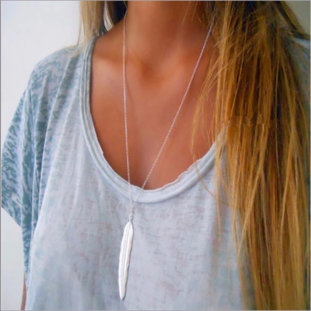 New arrival! Boho silver long feather necklace!