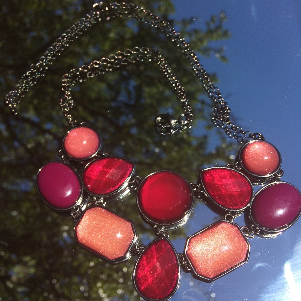 Red pink & purple Statement necklace w/ dark chain