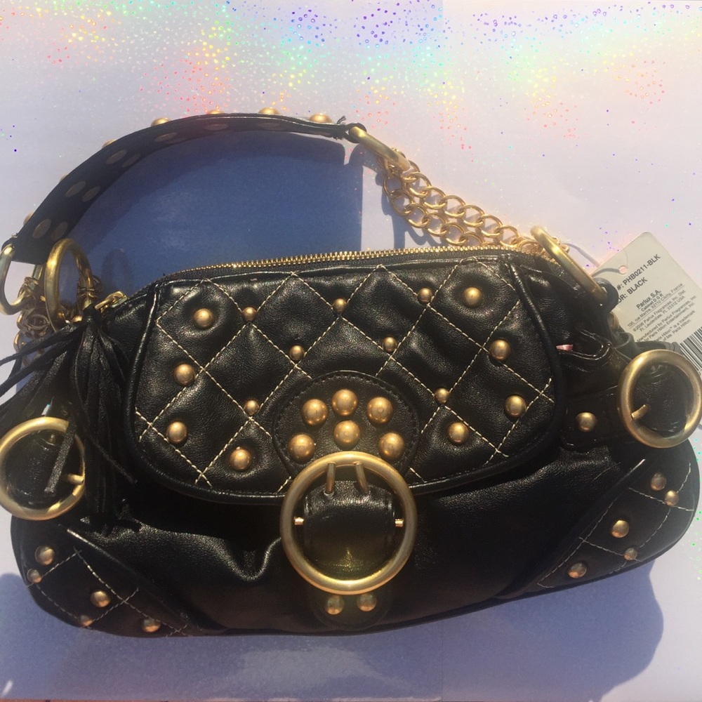 🆕Paris Hilton Small Black &Gold Shoulder Purse