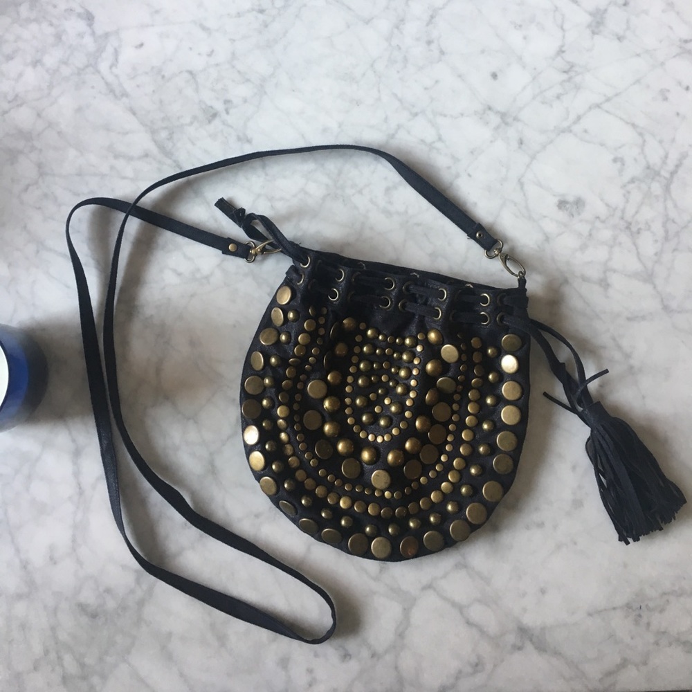 Boho black & gold studded crossbody bucket bag