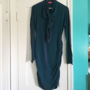Teal, side gathered dress with pink accents