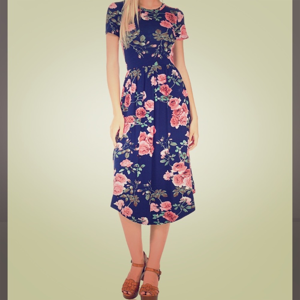 Navy floral a-line rose dress