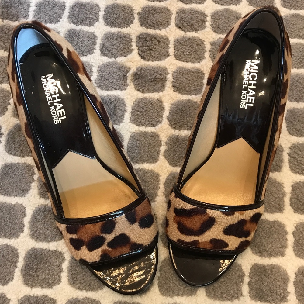 Michael Kors leopard pony hair and leather wedges
