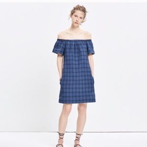 Madewell Off-The-Shoulder Blue Plaid Dress
